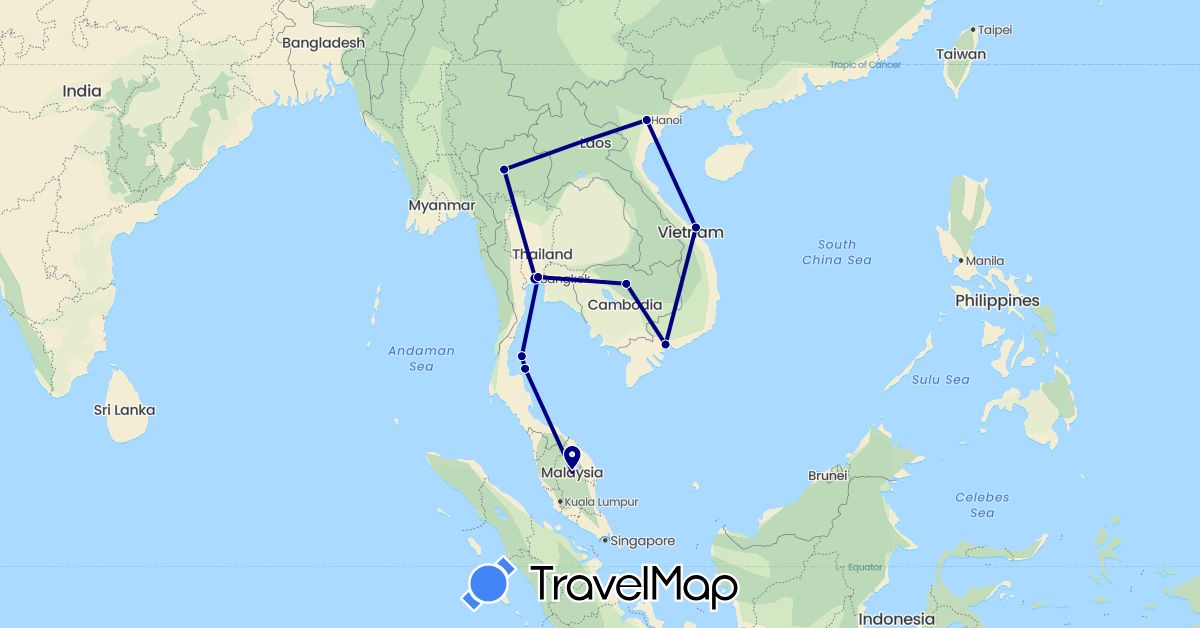TravelMap itinerary: driving in Cambodia, Malaysia, Thailand, Vietnam (Asia)